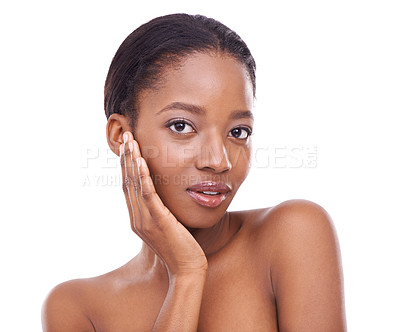 Buy stock photo Black woman, skincare and portrait in studio for wellness, glow or feminine grooming. Face, confidence and cosmetic with hand pose for beauty, makeup or treatment isolated on white background