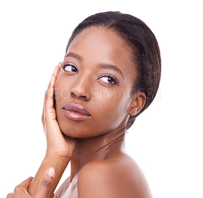 Buy stock photo Face, skincare and black woman with beauty in studio, white background and cosmetics mockup. African, model and healthy glow on skin from dermatology, makeup or person with confidence and pride