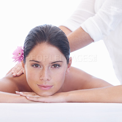 Buy stock photo Relax, massage and portrait of woman on bed with smile for health with luxury holistic treatment. Self care, peace and girl on table with masseuse for body therapy, wellness and hotel spa service.