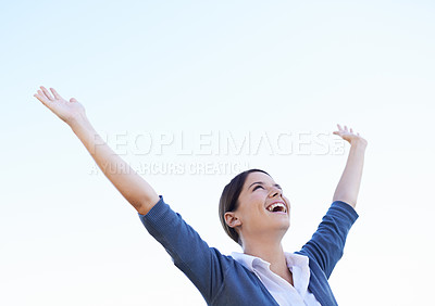 Buy stock photo Celebration, cheering and excited with woman, winner and happiness with mockup space and success. Person, gratitude and girl with victory and wellness with goals and motivation with promotion and wow