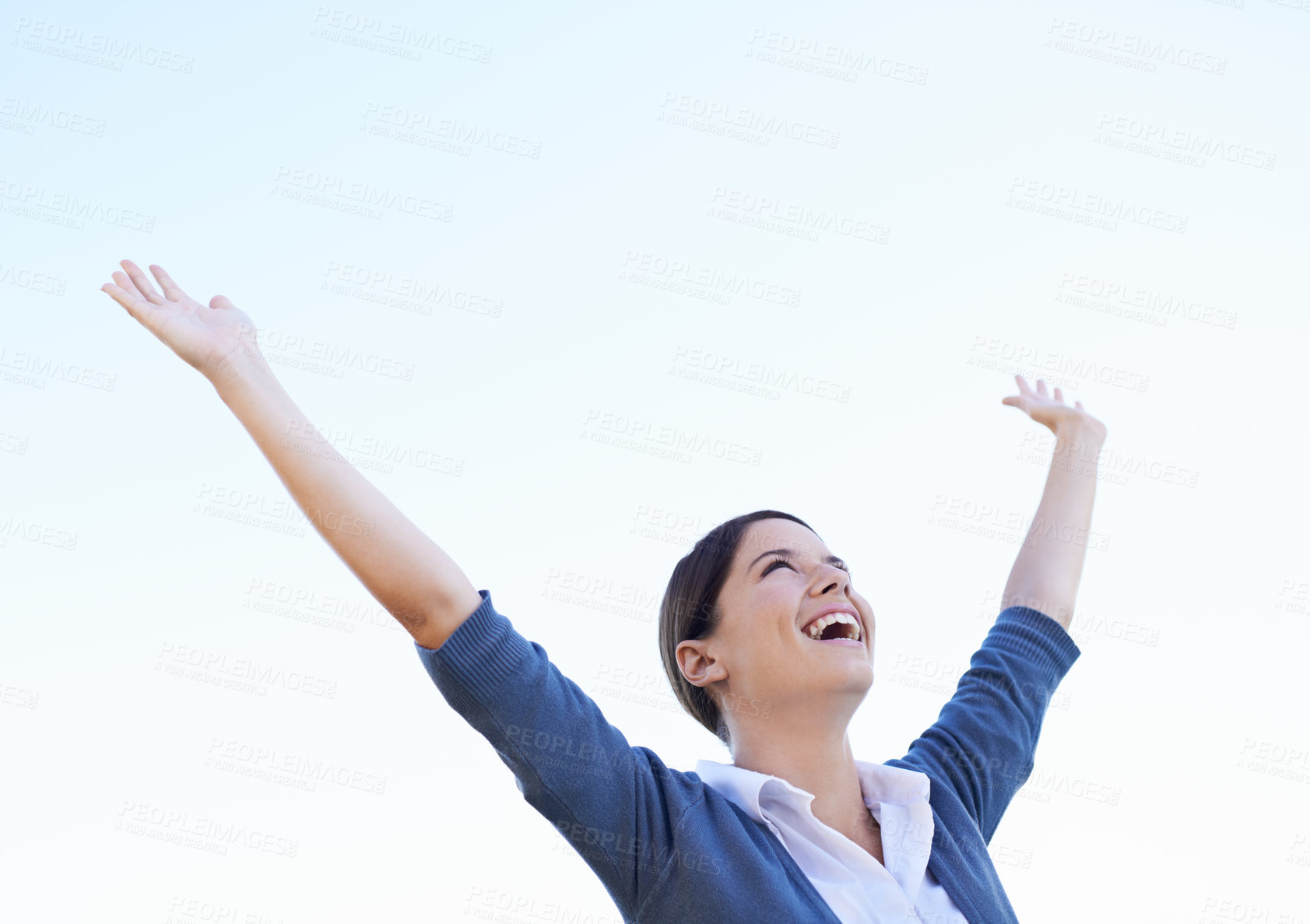Buy stock photo Celebration, cheering and excited with woman, winner and happiness with mockup space and success. Person, gratitude and girl with victory and wellness with goals and motivation with promotion and wow