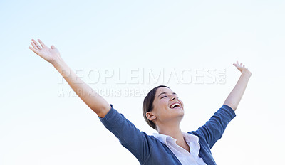 Buy stock photo Celebration, cheering and smile with woman, achievement or happiness with mockup space and omg. Person, winner or girl with victory or wellness with goals or motivation with promotion, wow or excited