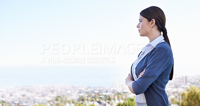 Buy stock photo Business, woman and thinking with arms crossed outdoor with wondering, mock up space or professional. Entrepreneur, person and thoughtful with confidence and pride in nature, blue sky or urban town 