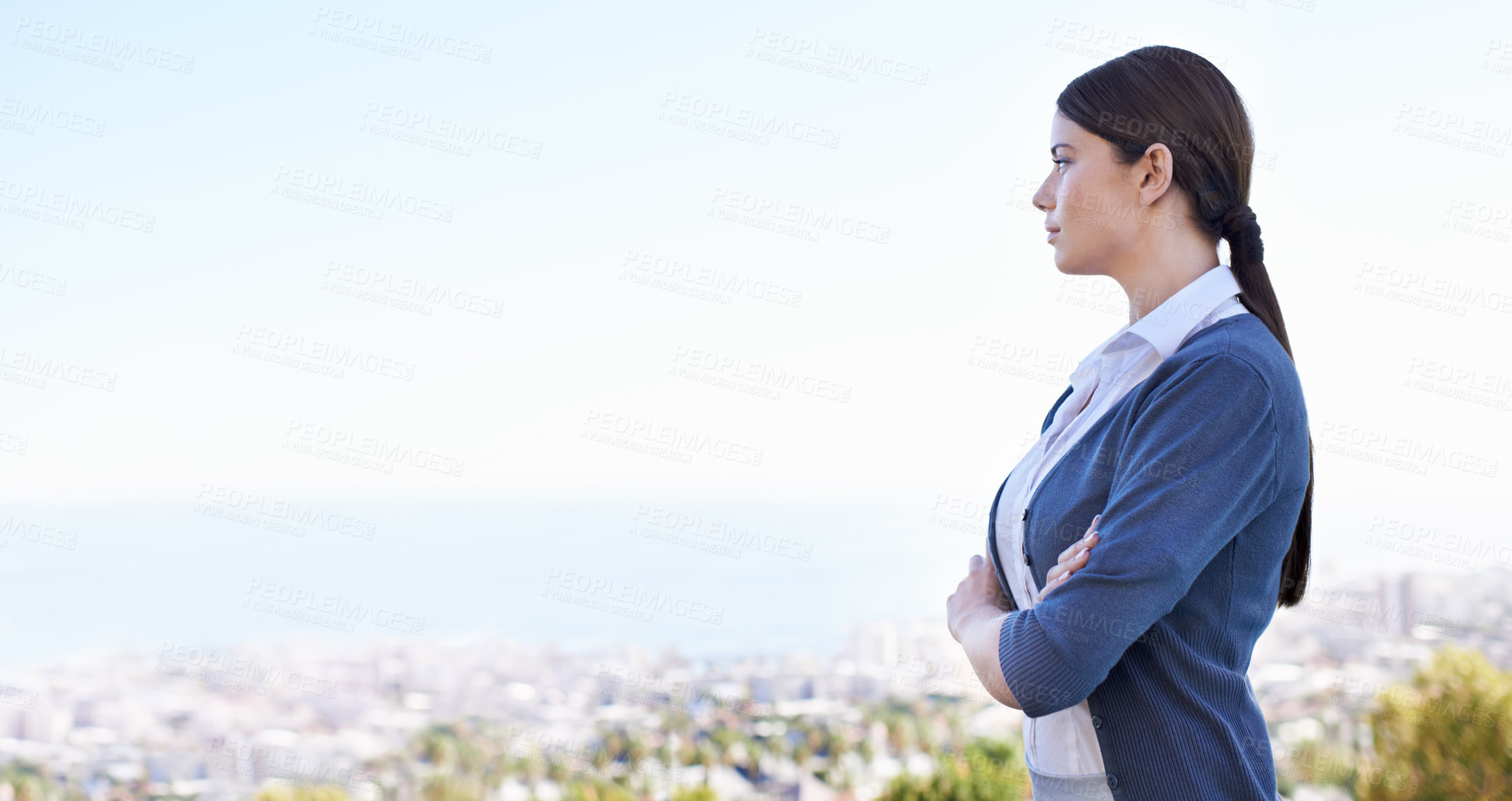 Buy stock photo Business, woman and thinking with arms crossed outdoor with wondering, mock up space or professional. Entrepreneur, person and thoughtful with confidence and pride in nature, blue sky or urban town 