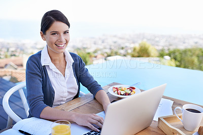 Buy stock photo Woman, typing on laptop and remote work in portrait, plan day for schedule or agenda with breakfast outdoor. Research, online and connectivity with tech, journalist with ideas for article and smile