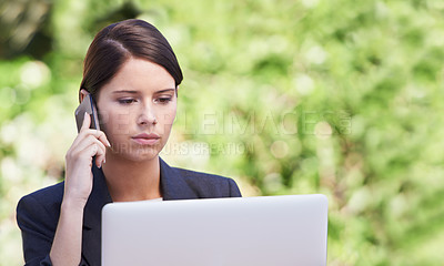 Buy stock photo Business woman, serious and laptop with phone call outdoor, career and working with pc in nature. Employee, professional and worker for corporate company, technology and internet for remote office
