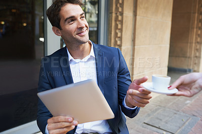 Buy stock photo Businessman, morning and tablet in city coffee shop for email, networking and corporate work. Male employee, digital technology and online for report, cup and browsing for reading online information