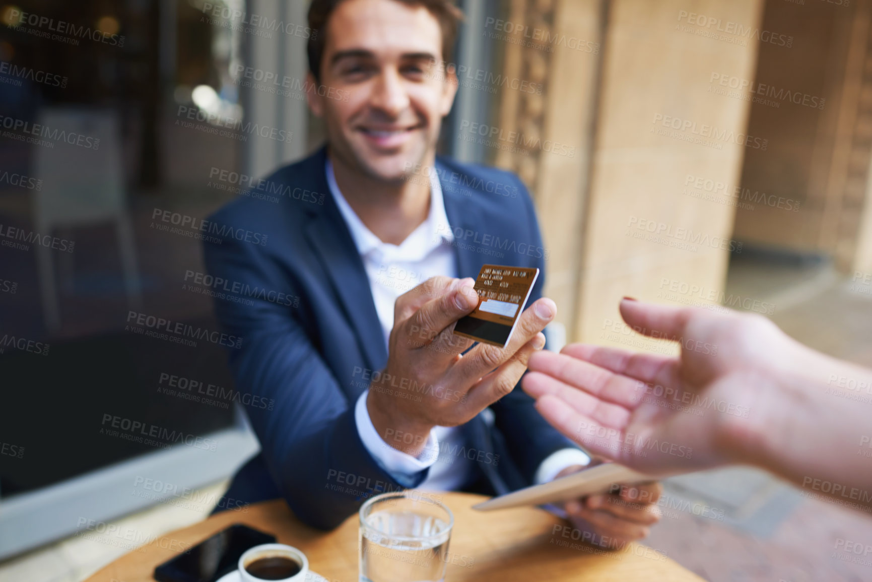 Buy stock photo Businessman, credit card and waitress hand for payment or outdoor coffee shop for customer service, transaction or purchase. Male person, cafe and Italy on street for banking, finance or buying