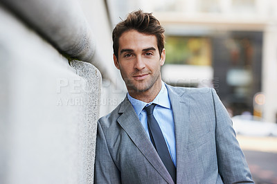 Buy stock photo Smile, confident and portrait of businessman in city with positive, good and proud attitude. Happy, suit and handsome professional male accountant with classy and elegant style in urban town.