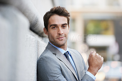 Buy stock photo Happy, confident and portrait of businessman in city with positive, good and proud attitude. Smile, suit and handsome professional male accountant with classy and elegant style in urban town.