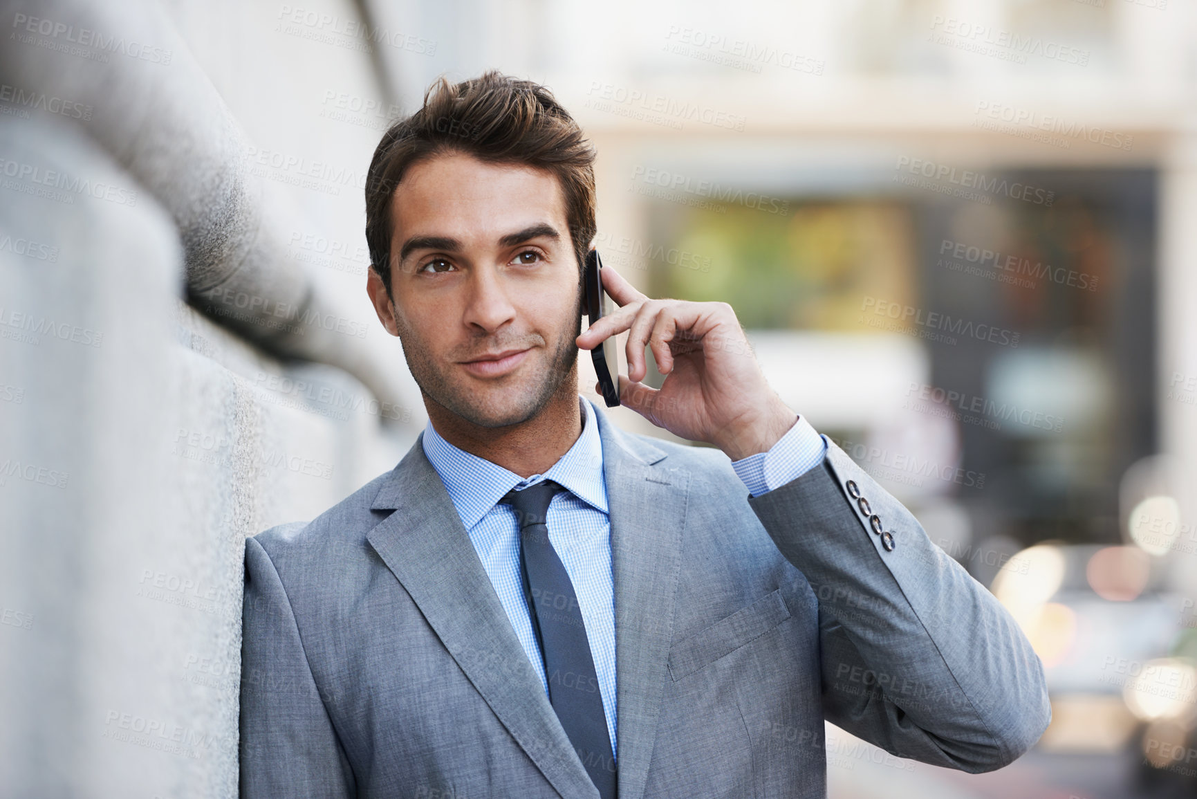Buy stock photo Businessman, outdoor and phone call in city networking with lawyer, client and virtual communication. Attorney, talking or conversation on smartphone at court or law firm for consultation in London