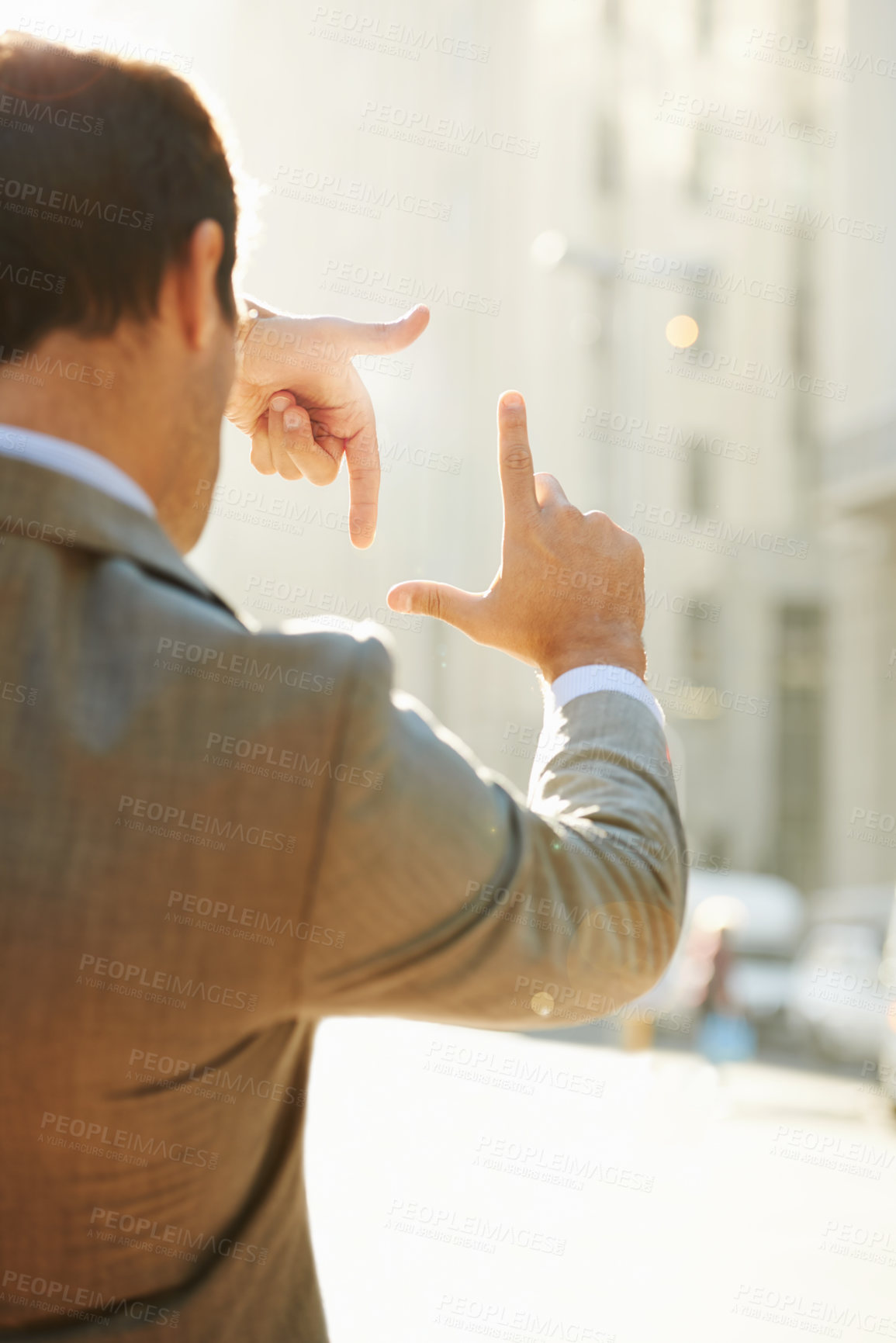 Buy stock photo Hands, frame and focus with man in city for vision, building and thinking with mockup. Inspiration, planning and idea with male employee and finger gesture for freedom, motivation and insight 