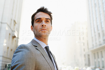 Buy stock photo Confident, businessman or vision of future, city or idea as planning of property development dream. Man, realtor or thinking of real estate, solution or memory of urban building opportunities