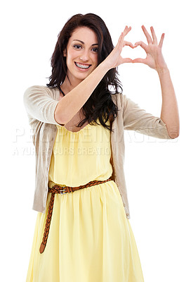 Buy stock photo Woman, portrait and heart hands for thank you in studio, kindness and peace emoji or symbol. Happy female person, support icon and smiling on white background, romance emoticon and gratitude for care