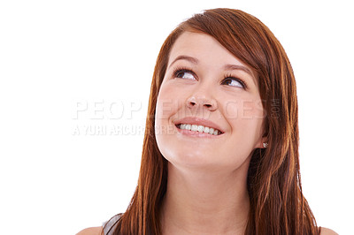 Buy stock photo Woman, face and thinking or happy in studio for problem solving, contemplating and wondering on mockup space. Person, thoughtful or daydreaming with redhead, solution and smile on white background