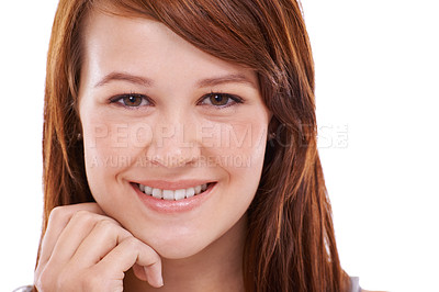 Buy stock photo Face, woman and glow with skincare in studio, smile and white background with redhead treatment routine for healthy. Natural look, fresh soft skin with facial for beauty, confidence and self care