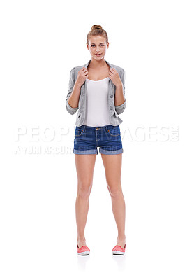 Buy stock photo A young woman standing against a white background