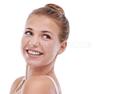 Buy stock photo White background, happy and woman for beauty in studio with ideas, smile and glow for skincare. Mock up, female ballerina and gen z model with vision, thinking and planning for self care or wellbeing