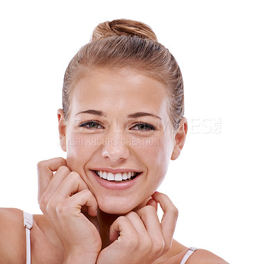 Buy stock photo Portrait of happy woman, smile or skincare for dermatology, facial beauty or cosmetics for healthy glow. Space, results or confident model with natural shine or wellness in studio on white background