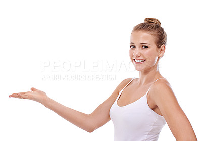 Buy stock photo Portrait, palm or happy woman with skincare announcement or promotion isolated on white background. Smile, show or person in studio with hand for advertising, marketing or beauty for mockup space