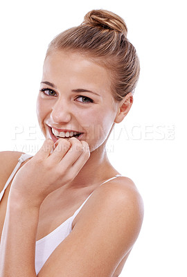 Buy stock photo Portrait of girl teenager, smile or skincare for dermatology, beauty or cosmetics for healthy glow in studio. Laughing face, results or happy model with natural shine or wellness on white background