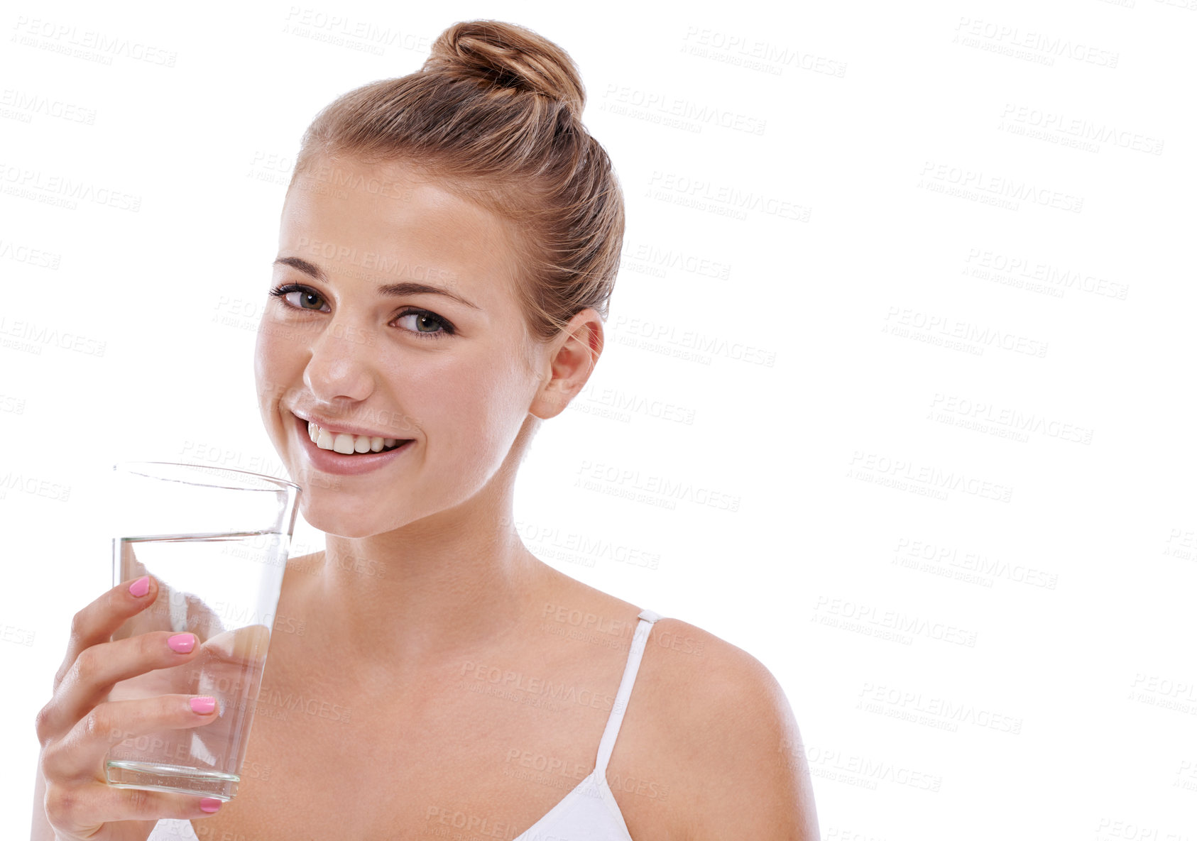 Buy stock photo A cute young girl with perfect skin drinking water while isolated on white