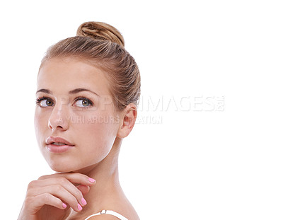 Buy stock photo Woman, face and thinking of idea in studio for problem solving, contemplating or wondering on mockup space. Person, thoughtful or daydreaming with confidence, solution or decision on white background