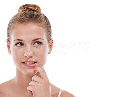 Buy stock photo Woman, face and thinking or decision in studio for problem solving, contemplating or wondering on mockup space. Person, thoughtful or daydreaming with confidence, solution or hand on white background