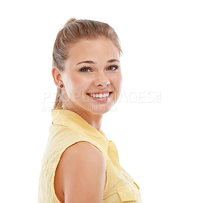 Buy stock photo Face, beauty and woman with smile in studio, wellness and shine with natural cosmetics on white background. Model in portrait, dermatology and happy, mockup space and positive mood with skin glow