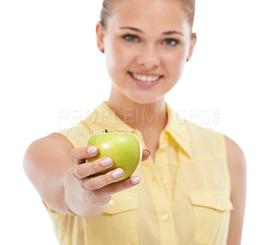 Buy stock photo Hand, apple or portrait of happy woman giving a healthy choice isolated on white background. Nutrition vitamins, smile or female person in studio with fruit or offer for fiber, detox diet or wellness