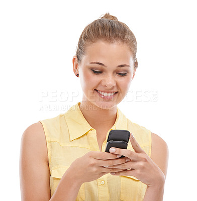 Buy stock photo Phone, student texting or happy woman in studio on social media, website or internet to scroll online. Chat network, smile or girl typing on technology or mobile app isolated on white background