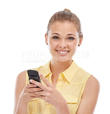 Buy stock photo Phone, texting or portrait of happy woman in studio on social media, website or internet to scroll online. Chat network, smile or girl typing on technology or mobile app isolated on white background