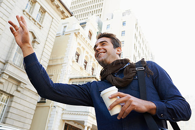 Buy stock photo Hailing, city and travel with man, coffee and smile with commute and transportation. Person, outdoor and Italy with guy and journey with morning tea or cappuccino with adventure, holiday or low angle
