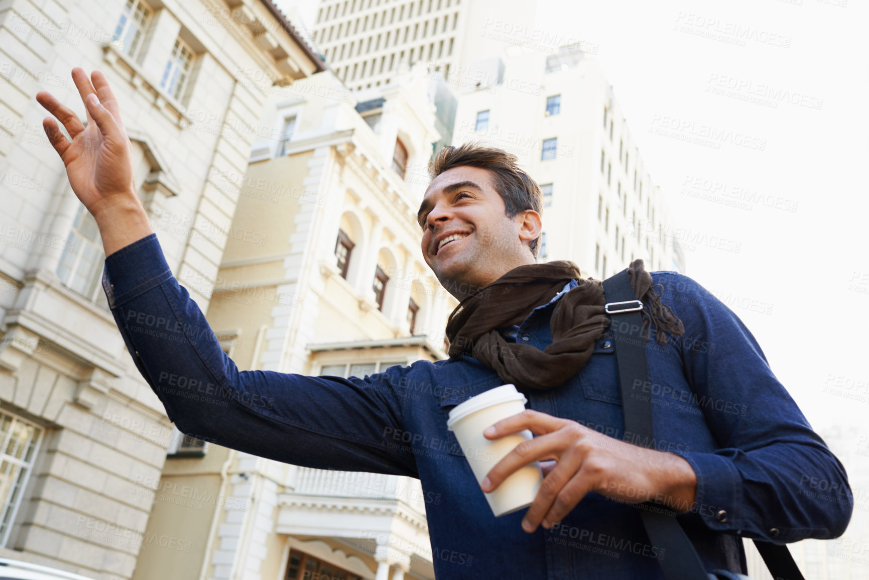 Buy stock photo Hailing, city and travel with man, coffee and smile with commute and transportation. Person, outdoor and Italy with guy and journey with morning tea or cappuccino with adventure, holiday or low angle