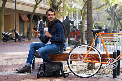Buy stock photo Man, smartphone and coffee and bike for travel and carbon footprint, communication and cycling outdoor. Eco friendly transport, using phone for location in city for journey with bicycle and drink