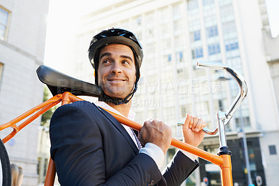 Buy stock photo A businessman traveling by bicycle
