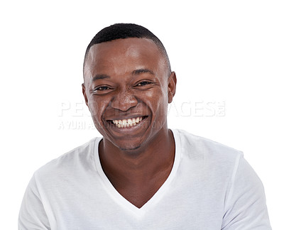 Buy stock photo Man, portrait and smile in studio with confidence or white background or Nigeria, relaxed or mockup space. Black person, model and happiness or face for good mood with pride, casual or positivity