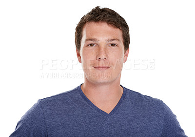 Buy stock photo Man, portrait and smile or confidence in studio with relax, good mood or positive attitude with casual t-shirt or style. Young guy, person and face or happy with pride or wellness on white background