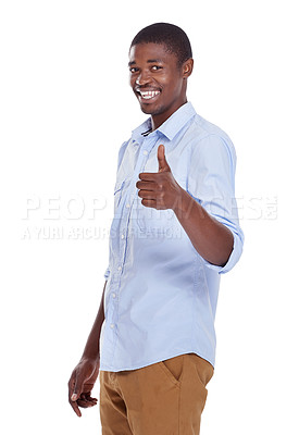 Buy stock photo Happy, portrait and black man with thumbs up for good job, winning or thank you on a white studio background. Face of African male person with smile, like emoji or yes sign for OK, agree or approval