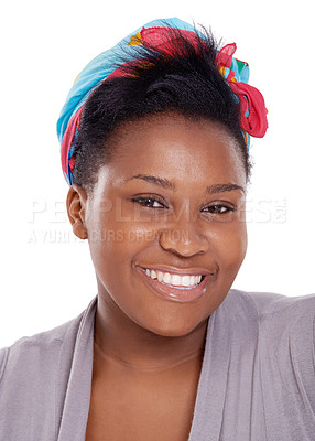 Buy stock photo Black woman, face and natural beauty portrait in studio for facial shine, skin care and cosmetics. Happy headshot of a real African female person isolated on a white background with smile for closeup