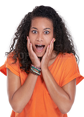 Buy stock photo Excited woman, portrait and surprise for winning, good news or prize on a white studio background. Face of happy or young female person with smile in shock or wow for alert, deal or amazing offer