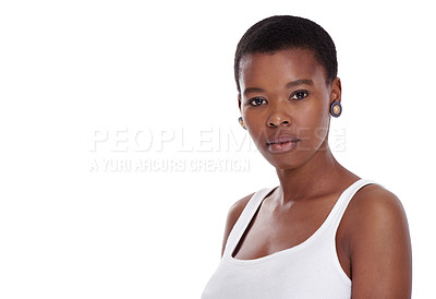 Buy stock photo Natural beauty, face and a black woman portrait in studio for facial shine, skincare and dermatology. Serious headshot of a real female person isolated on a white background with mockup space