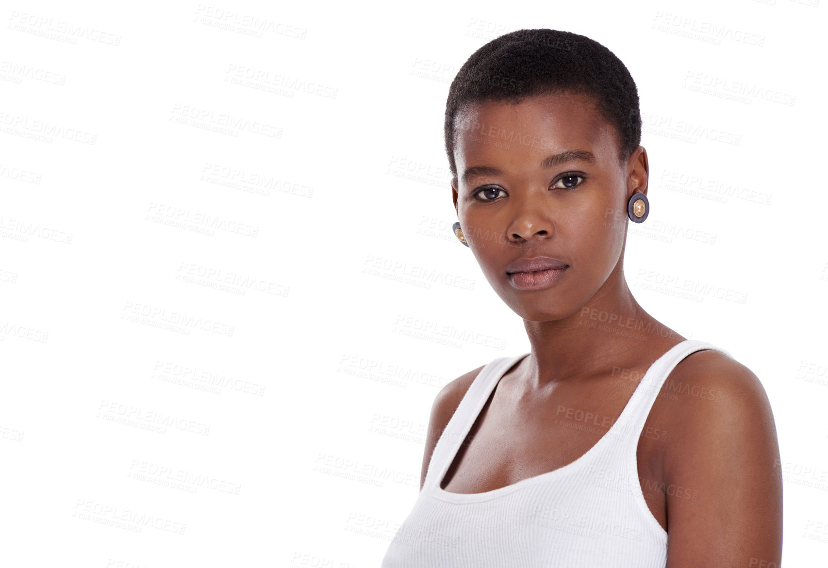 Buy stock photo Natural beauty, face and a black woman portrait in studio for facial shine, skincare and dermatology. Serious headshot of a real female person isolated on a white background with mockup space