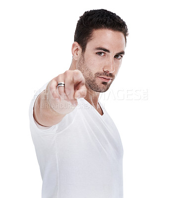 Buy stock photo Man, portrait and pointing in studio for option, selection and confidence for choosing you. Male person, opinion and proud of decision or voice on white background, emoji and vote for opportunity