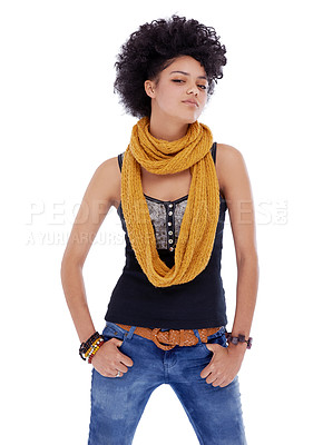 Buy stock photo Woman, hipster and scarf in studio portrait with confidence, trendy style and jeans by white background. Girl, person and fashion model with pride for clothes in retro outfit with afro in Brazil