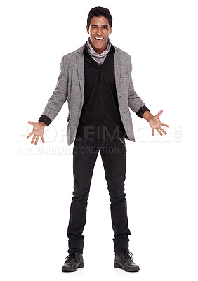 Buy stock photo Man, fashion and jacket for studio portrait with excited smile, confidence or wow for open palm by white background. Person, model and trendy style with blazer for shock, surprise or happy with hands