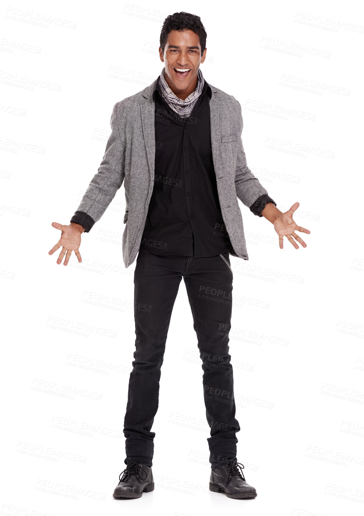 Buy stock photo Man, fashion and jacket for studio portrait with excited smile, confidence or wow for open palm by white background. Person, model and trendy style with blazer for shock, surprise or happy with hands