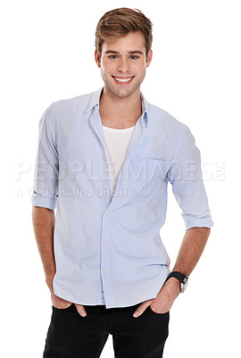 Buy stock photo Man, shirt and fashion with studio portrait, smile and confidence with trendy style by white background. Person, model and jeans with clothes, happy or garments in casual outfit with pride in Sweden