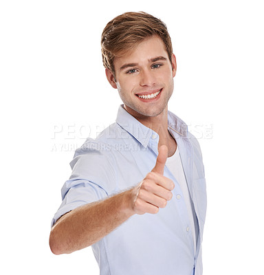 Buy stock photo Man, portrait and thumbs up for approval or agreement in studio, satisfaction and happy for yes. Male person, smile and like emoji for feedback or review on white background, promotion and support