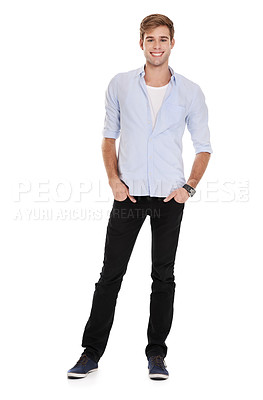 Buy stock photo Full length portrait of a handsome young man standing against a white background